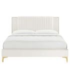 Modway - Zahra Lit plateforme Queen en velours haute performance avec capitonnage vertical et pieds en métal doré - Blanc-Pieds en métal doré avec capuchons de pied