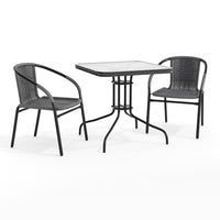 Flash Furniture 28" Square Glass Metal Table with Grey Rattan Edging & 2 Grey Rattan Stack Chairs-Table and Chair Set