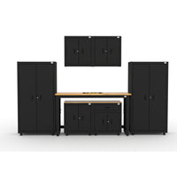 Cat RTA Garage Storage Cabinetry 7-Piece Set with 2 Lockers, 2 Walls, 1 Base, 1 Drawer-Base and 72" Workbench-7-Piece Cabinet & Workbench Set: Two 36" heavy-duty lockers, two base cabinets, two wall cabinets, and 2 72" workbenches deliver practical storage and workspace.