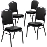 Flash Furniture – Chaise à dossier en couronne empilable Hercules, siège en vinyle noir de 2,5 po, cadre argenté nervuré, p/4-Ensemble de 4 chaises de banquet polyvalentes
