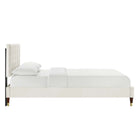Modway Leah - Lit plateforme Queen en velours haute performance à motif chevrons avec pieds en bois et manchons en métal doré - Blanc-Pieds en bois avec manchons en métal doré