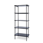 Can-Bramar - Bibliothèque Modernatta à 5 tablettes, sur pied, cadre noir mat avec tablettes en mélamine noire-Bibliothèque avec tablettes en bois et cadre de métal de style contemporain. Elle est composée de surfaces stratifiées en placage de mélamine faciles d’entretien et d’un cadre en métal thermolaqué durable.