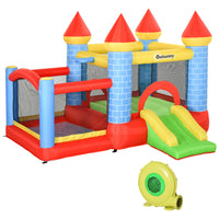 Qaba 9.2 x 9.5' 4 in 1 Bouncy Castle for Kids with Trampoline, Slide for Age 3-8-Bright and vibrant colours, with a castle appearance 