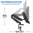 ShoppingAll Adjustable Dual Gas Spring Arm Monitor Desk Mount Stand - Black-The adjustable arms can tilt from +90-degreesto -85-degrees,swivel +/-90-degrees,and 360-degreesrotation. Switching from landscape monitor setting to portrait position made easy.