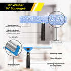 Gritt Commercial Pro Window Washing Cleaning Kit with - 14" Squeegee - 14" Washer - 20" Pole - 3 Pack-Absorbent microfiber sleeve is easily machine-washable