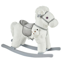 Qaba Kids Plush Ride-On Rocking Horse with Bear Toy - White-Bonus free bear plush toy, located in the storage bag on the leg<br> 