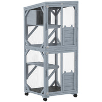 PawHut Catio Outdoor Cat Enclosure on Exercise Wheels - Indoor/Outdoor-Three-tier layout with hideaway box supports climbing, sunbathing, stress-free resting
