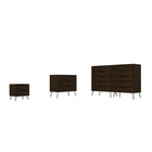 Manhattan Comfort Rockefeller Mid-Century Modern Bedroom Dresser 3-Piece Set - Brown-Mid-Century Modern Tall Double Wide Dresser, Standard Dresser and Nightstand Dresser for Bedroom Use. Set of 3.
