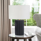 Hudson&Canal Seren 23" Tall Table Lamp with Fabric Shade - Matte Black/Brass/White-Handcrafted matte white finish is applied to the ceramic base