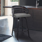 Armen Living Jayden 26" Counter Height Swivel Bar Stool in Grey Faux Leather & Black Wood-These stools provide stability with their strong metal 4-leg base, giving you a stable foundation that will always offer optimal comfort.