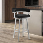 Armen Living Lorin 30" Bar Height Swivel Bar Stool in Black Faux Leather & Brushed Stainless Steel-These stools are upholstered in a luxurious faux leather and fabric that is soft to the touch and comfortable to sit on for hours on end. Make clean up a breeze and easily wipe away any spills or messes in seconds allowing you more time to enjoy and less time cleaning.