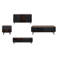 Manhattan Comfort Duane Mid-Century Modern TV Stand, Sideboard, Coffee Table and End Table - Dark Brown and Black - Set of 4-Set of 4 - Mid-Century Modern Living Room Set. Includes: Sideboard, TV Stand, Coffee Table and End Table