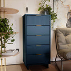 Manhattan Comfort Granville 23.62" Modern Tall Narrow Dresser - Midnight Blue-Includes 5 Full Extension Drawers with Top Drawer Designed in Vertical Textured Ribbed Lines Made from Solid Wood. Top Drawer includes option for 6 small compartments for designed to better organize.