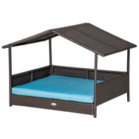 PawHut - Niche pour chien en osier avec coussin amovible lounge bleu-Couleur café foncé classique avec un design élégant, cette maison pour animaux apporte un style moderne à votre espace intérieur et extérieur 