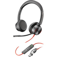 HP Poly Blackwire 8225 Stereo USB-C Headset with USB-A Adapter-With the Blackwire 8225, your voice is the only thing heard, not the chaos around you. Its noise-canceling microphone with Acoustic Fence technology puts you in a quiet office, even if you're in a noisy kitchen.