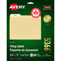 Avery TrueBlock White Laser/Inkjet File Folder Labels, 3-7/16" x 2/3", 600 Pack (5366)-Permanent, Rectangular, 1/3 cut label