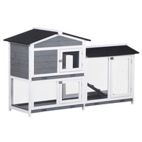 PawHut - Clapier à lapin en bois à 2 niveaux avec rampe et enclos extérieur gris - 62 po L x 20,9 po l x 36,8 po H-Rampe antidérapante permettant aux lapins de passer rapidement de l’enclos extérieur à l’espace intérieur