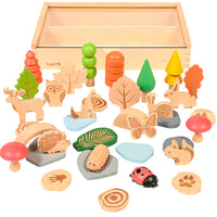 TickiT Woodland Trail Set - Set of 37-37 natural wooden figurines: This set features an assortment of 37 woodland shapes. Create elaborate small worlds with little critters, mushrooms, stones, trees, water pieces and more