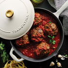 Tramontina Bestow 12" Enameled Cast Iron Skillet with Lid - Latte with Gold Knob-Self-basting condensation ridges on lid uniformly collect and direct vapors onto food