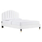 Modway Daisy Performance Velvet Queen Platform Bed with Wood Legs and Gold Metal Sleeves - White-Performance Velvet Upholstery