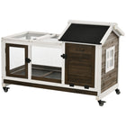 PawHut 29" H Rabbit Hutch with Wheels, Ramp, Run and Tray - Coffee-Solid fir wood frame 