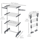HOMCOM 3-Tier Collapsible Adjustable Clothes Drying Rack - Grey-Stainless steel frame provides excellent support 
