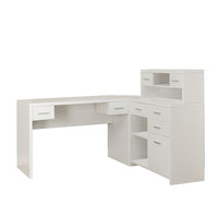 Monarch Specialties 7028 Computer Desk - White Left Or Right Facing Corner-This modern L shape computer desk with storage and a hutch features thick-panel construction in white laminate finish.