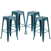 Flash Furniture Commercial Grade 30" High Backless Distressed Kelly Blue-Teal Metal Indoor-Outdoor Barstool-Set of 4 Stackable Industrial Style Modern Stools