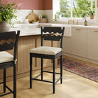 Modway - Jax Bois de chêne Tabouret de comptoir avec dossier ondulé en rasoir et coussin in Rayure noire d’avoine-Coussin de siège en tissu