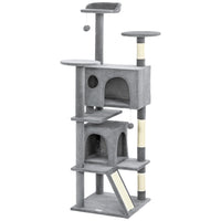 PawHut 63" H Cat Tree with Two Cat Condos - Light Grey-Activity play center keeps cats entertained and active 