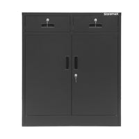 Storemax - Armoire multifonctionnelle horizontale en acier de qualité supérieure avec 2 tiroirs et 2 portes-Portes renforcées : les portes, dotées de languettes de support intégrées supplémentaires, offrent une résistance et une stabilité accrues