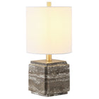 Hudson&Canal - Lampe de table en pierre Pacha (40 cm) avec abat-jour en tissu - Travertin veiné gris-Associé à un abat-jour en tissu tambour blanc