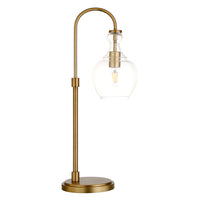 Hudson&Canal - Lampe de table arquée Verona de 68 cm de haut avec abat-jour en verre - Laiton brossé/transparent-Design moderne du milieu du siècle pour votre salon, votre espace de travail ou votre table de chevet