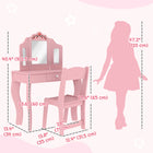 Qaba - Coiffeuse pour enfants avec miroir et chaise pliants en trois parties - Rose-Table Dimensions: 28" L x 13.4" W x 40.4" H (71L x 34 x 102.5 cm) 