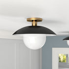 Hudson&Canal - Plafonnier semi-encastré Alvia de 14,5 po de large avec abat-jour en métal et verre - Noir mat/laiton/blanc-Une finition noire mate artisanale avec des accents en laiton est appliquée sur le surplomb de l'abat-jour en métal en forme de plaque