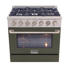Kucht 36" KNG Series Pro Style Natural Gas Range - Stainless Steel/Olive Green-6-burner gas range includes one 20 000 BTU dual burner featuring TrueSimmer, one 15 000 BTU burner, one 12 000 BTU burner, two 9 000 BTU burners and one 6 000 BTU low-simmer burner