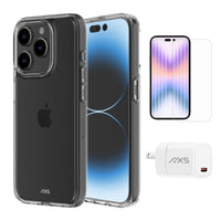 AXS Starter Kit bundle Ultra Clear Case, Screen Protector and 20w Charger for Apple iPhone 15 Pro Max-Drop-tested, scratch resistant phone case with shock absorbing air pockets