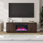 Hudson&Canal - Meuble TV Presque avec foyer en cristal de 26 pouces pour téléviseurs jusqu'à 75 pouces - Noyer satiné-Fabriqué à partir de matériaux MDF robustes avec une finition aspect bois de noyer satiné