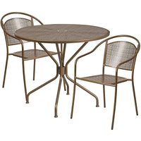 Table de jardin ronde de 35,25 po en acier doré et 2 chaises au dossier rond, intérieur/extérieur [CO-35RD-03CHR2-GD-GG]-Ensemble comprenant 1 table et 2 chaises