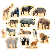 TickiT - Blocs en bois représentant des animaux sauvages - Lot de 15-15 animaux sauvages: Cet ensemble comprend 15 blocs de bois recto-verso avec des animaux imprimés. Encouragez les enfants à utiliser leur imagination lorsqu'ils examinent les animaux sauvages