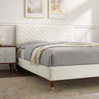 Modway Leah - Lit plateforme Queen en velours haute performance à motif chevrons avec pieds en bois et manchons en métal doré - Blanc-Système de soutien en lattes de bois