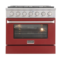 Kucht 36" KNG Series Pro Style Propane Gas Range - Stainless Steel/Red-Cook and bake like a pro with the extra-large convection oven that offers 4.2 cu. ft. of capacity, a 5-rack configuration, and an extra-large viewing window