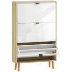 HOMCOM Narrow Shoe Cabinet with 3 Flip Drawers - White-High gloss front doors pair with oak frame for modern look
