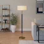Hudson&Canal - Lampadaire Simone 2 lumières avec abat-jour en tissu - Noir mat/laiton/blanc-Comprend un cordon de 8 pieds avec interrupteur à prise rotative