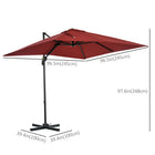 Outsunny 8' L x 8' W Square Patio Hanging Offset Umbrella with 360° Rotation - Wine Red-Aluminum pole and eight steel ribs with powder coating support a UV resistant 200g polyester cloth canopy for years of beautiful use  