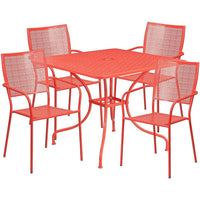 35.5'' Square Coral Indoor-Outdoor Steel Patio Table Set with 4 Square Back Chairs [CO-35SQ-02CHR4-RED-GG]-Set Includes Table and 4 Chairs