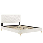 Modway Leah - Lit plateforme Simple en velours haute performance à motif chevrons avec pieds en métal doré et embouts - Blanc-Lit à plateforme jumelle
