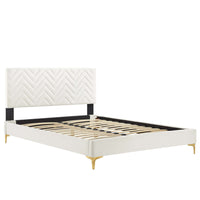 Modway Leah - Lit plateforme Simple en velours haute performance à motif chevrons avec pieds en métal doré et embouts - Blanc-Lit à plateforme jumelle