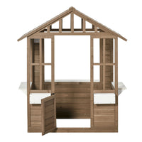 Outsunny - Cabane de jeu extérieure en bois pour enfants avec portes et pots de fleurs - Marron-Supports pour pots de fleurs, plateau de service inclus pour une expérience de jeu optimale
