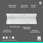 Logitech Keys-To-Go 2 Portable Bluetooth Tablet Keyboard with Built-in Cover - Pale Grey-Full Row of Shortcut Keys: This tablet keyboard features one-tap access to adjust volume and media controls, screen brightness levels, and so much more for convenience at your fingertips